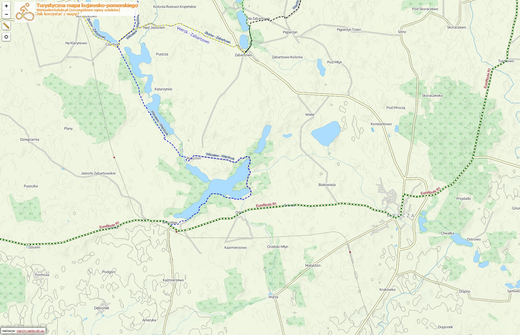 Przebieg trasy rowerowej R oraz szlaku pieszego Witosław Więcbork wg portalu WirtualneSzlaki.pl Turystycznej mapy kujawskopomorskiego (źródło: http://mapa.wirtualneszlaki.