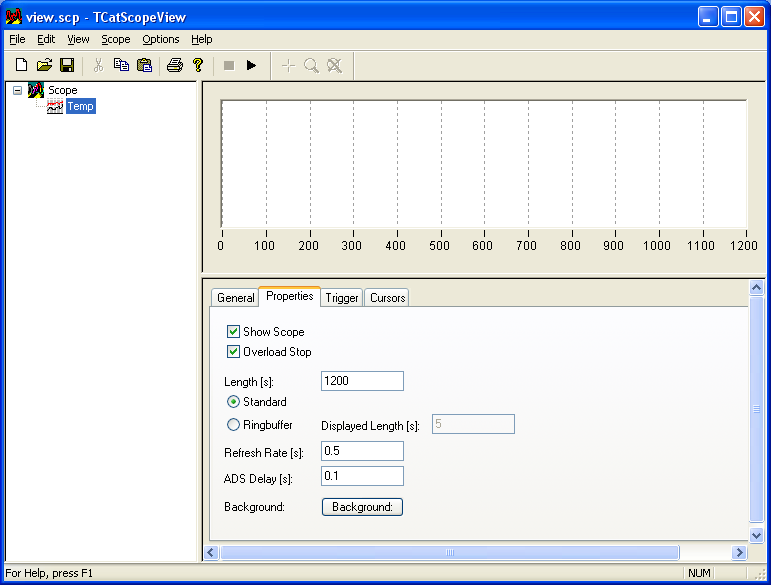 Po otwarciu programu, z menu kontekstowego elementu Scope (prawy klawisz myszy), należy wybrać Add Scope View, a następnie podać tytuł tworzonego okna rejestracji, np. Temp.