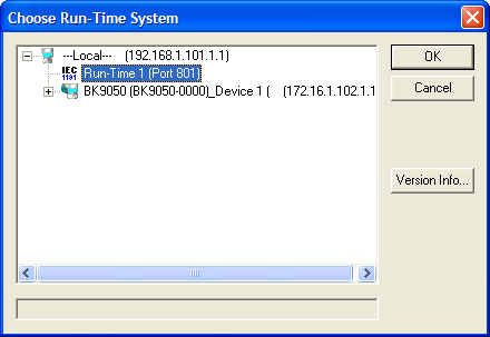 Aktualizacja konfiguracji Powrócić do TwinCAT PLC Control i uruchomić program sterownika w trybie online, tj: 1. Zweryfikować wybór adresu sterownika w oknie Online Choose Run-Time System 2.