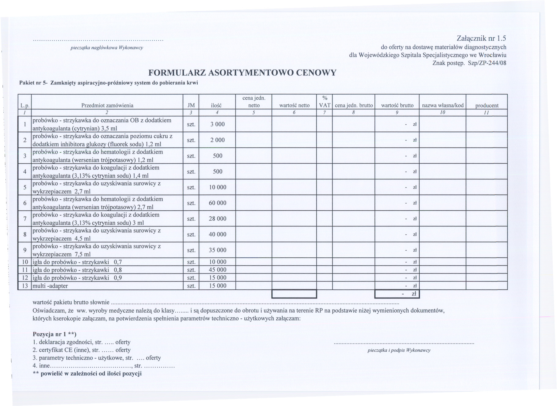 Pakiet nr 5- Zamkniety aspiracyjno-prózniowy system do pobierania krwi Zalacznik nr 1.5 cenajedno % L.p. Przedmiot zamówienia 1M ilosc netto wartosc netto VAT cenajedn.