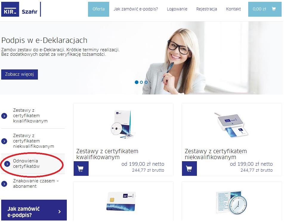 2. Złożenie zamówienia na odnowienie Odnowienie certyfikatu należy rozpocząć od złożenia zamówienia w sklepie internetowym, który jest dostępny pod adresem: https://elektronicznypodpis.