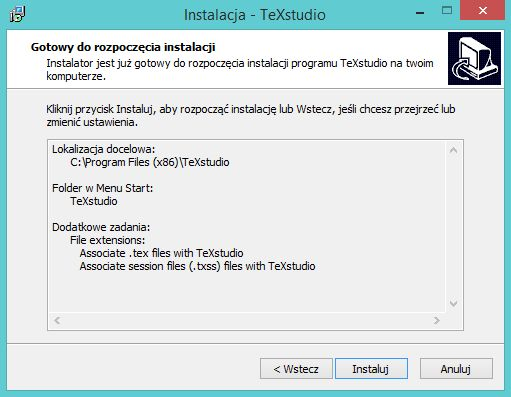 Instalacja aplikacji TeXStudio Na koniec wyświetli nam się podsumowanie ustawień