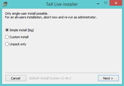 Instalacja TeX Live Mamy możliwość wyboru typu instalacji. Proponuję wybrać domyślną.