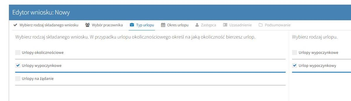 Krok czwarty: szczegóły Po naciśnięciu przycisku dalej, widzimy ekran jak poniżej. Daje on możliwość wprowadzenia dat początku i końca urlopu. Daty można wybrać z kalendarza bądź wpisać ręcznie.