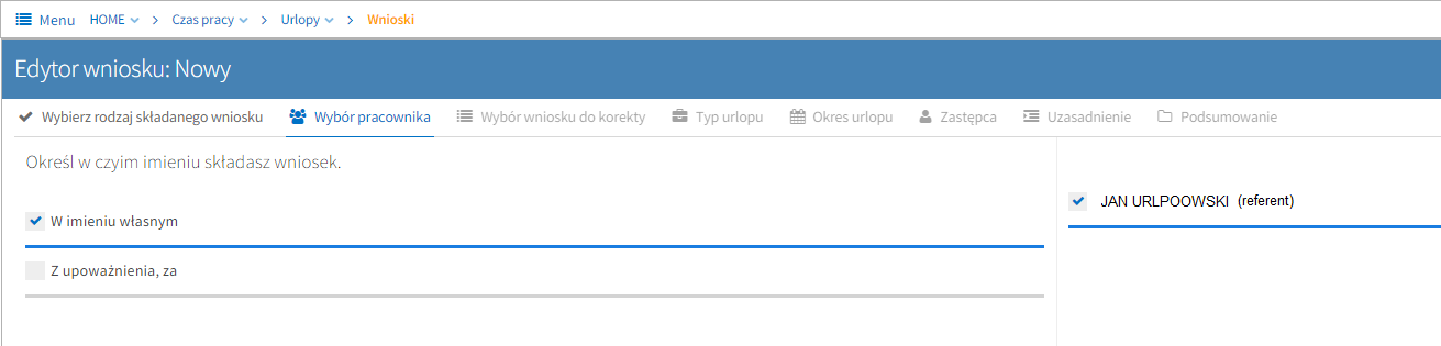 Krok drugi: Wybór pracownika Po naciśnięciu przycisku dalej, widzimy ekran jak poniżej. Działa analogicznie jak we wnioskach urlopowych.