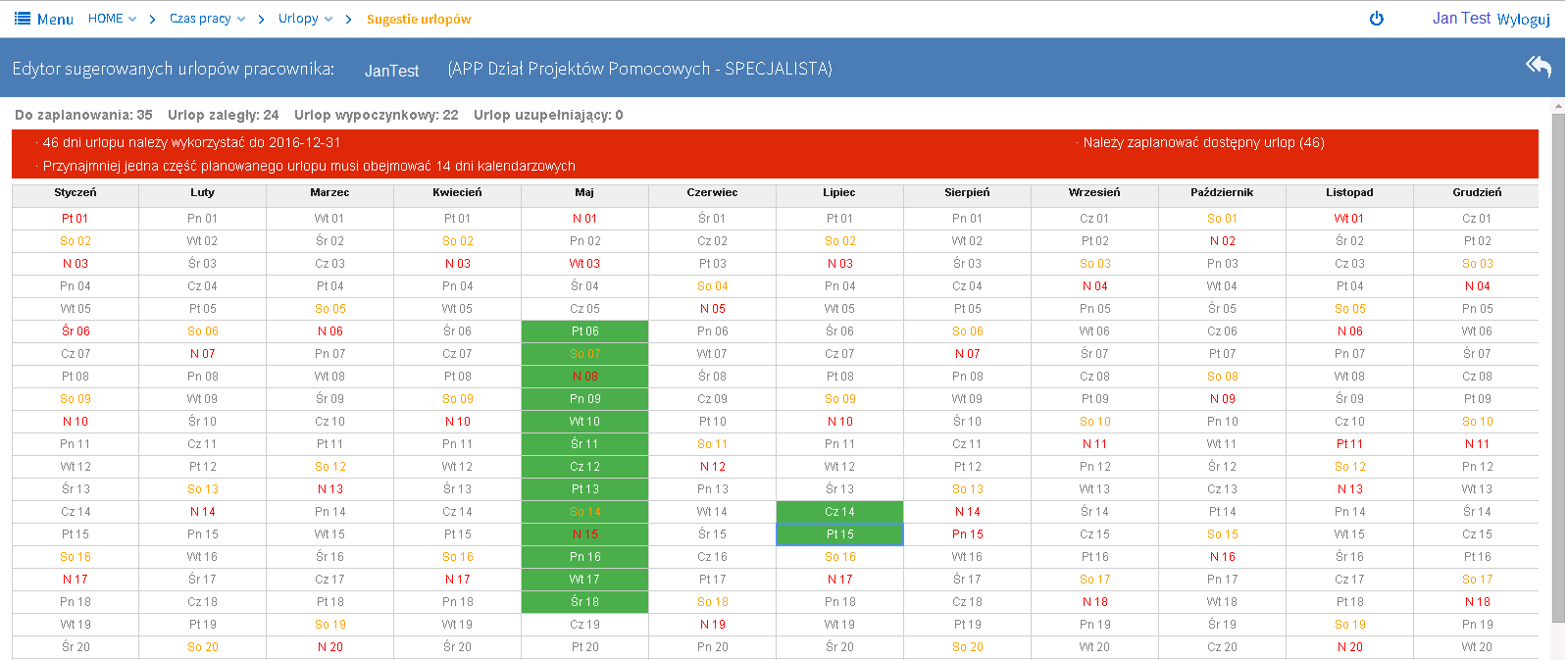 W górnej części widzimy ilość dni dostępnego urlopu. W polu Do zaplanowania ilość dni jest zmniejszana w miarę zaznaczania kolejnych dni. Obok uwagi, które powinny być zrealizowane w planie urlopowym.