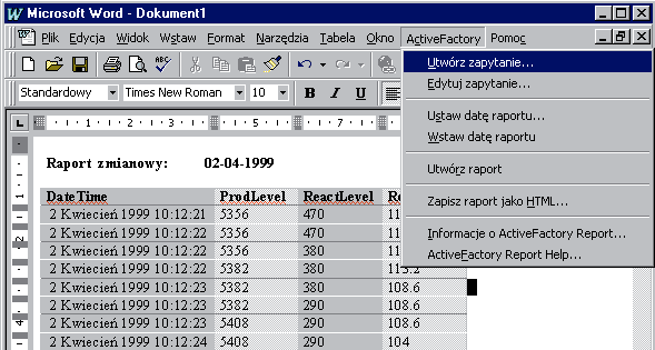 ActiveFactory Report dodatek do programu Microsoft Word 97/2000 ActiveFactory Report to najprostszy i najszybszy sposób na sporządzenie raportu z danych składowanych w serwerze IndustrialSQL przy