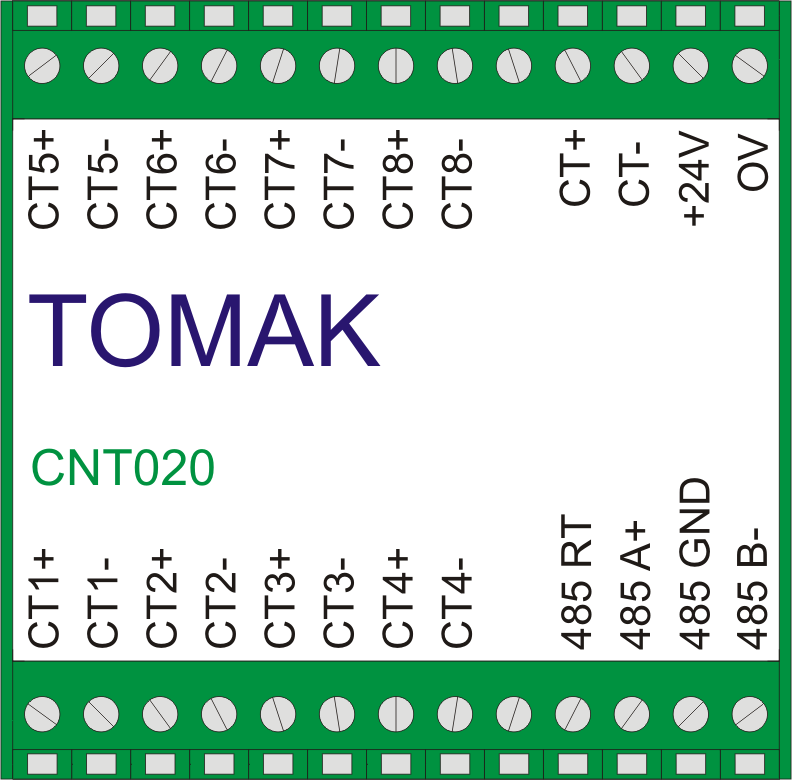 Moduł CNT020 9 wejść licznikowych 24V DC Interfejs komunikacyjny: RS-485 Kontrolki LED stanu wejść i wyjść na płycie czołowej Zasilanie 24V DC / 60mA Bezpłatny i w pełni udokumentowany protokół