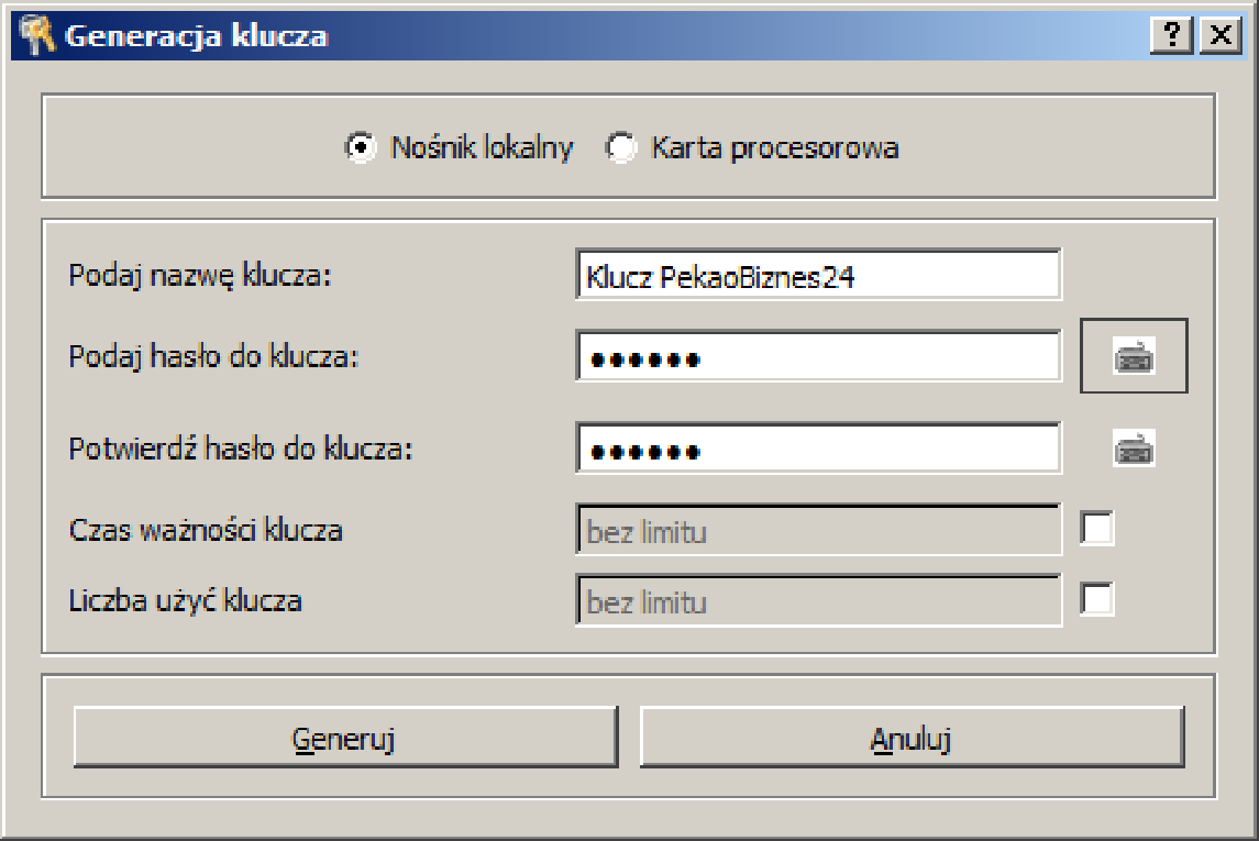 Krok 4. Generowanie klucza do podpisywania zleceń Hasło do klucza Hasło powinno się składać z minimum sześciu znaków.