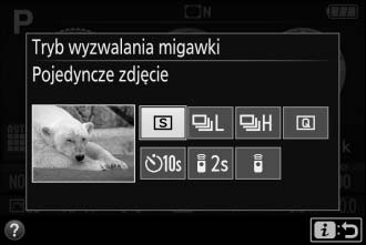 Przycisk I (E/#) Aby wybrać sposób wyzwalania migawki (tryb wyzwalania migawki), naciśnij przycisk I (E/#), a następnie użyj wybieraka wielofunkcyjnego w celu wyróżnienia żądanej opcji i naciśnij J.
