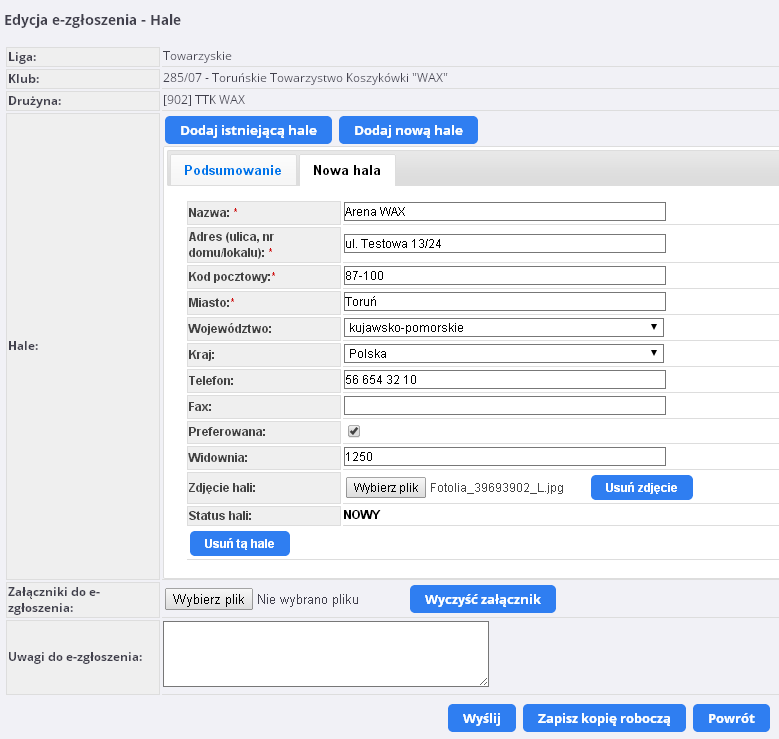 6. Możemy również dodać zdjęcie hali (przydatne do wykorzystania na stronie internetowej lub w celach rozpoznawczych), określamy pojemność hali, możemy również dodać załącznik np.