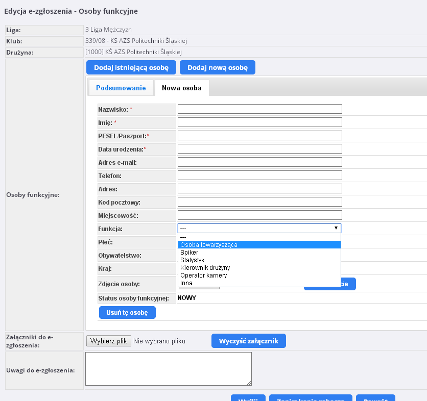 V. ZGŁOSZENIE OSÓB FUNKCYJNYCH DO DRUŻYNY 1. Po zalogowaniu wchodzimy do sekcji ROZGRYWKI -> E-ZGŁOSZENIA (KLUBY). 2.