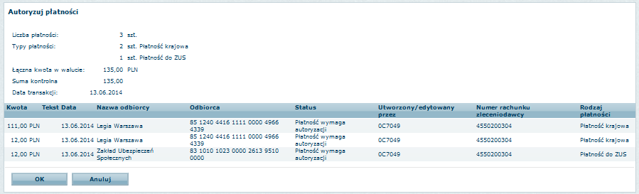Kliknij na przycisk Autoryzuj płatności i wszystkie zaznaczone płatności zostaną zautoryzowane za jednym razem. Uwaga: Zaznaczenie okienka w nagłówku listy zaznaczy jedynie płatności na danej stronie.