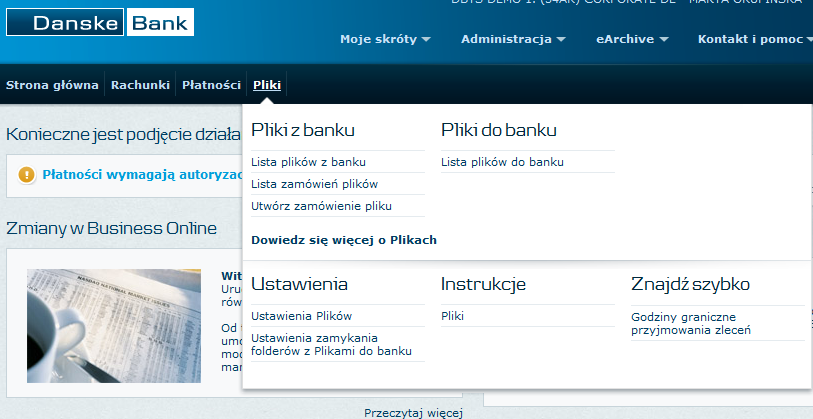 Pliki do banku Jeżeli generujesz pliki w swoim systemie ERP i chcesz je przesłać do banku poprzez Business Online, musisz to zrobić za pośrednictwem modułu Pliki Pliki do banku Do Lista