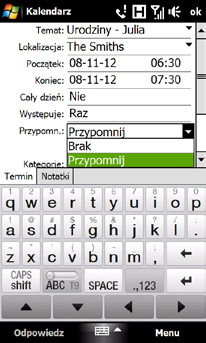 Użyj klawiatury ekranowej do wprowadzenia szczegółowych informacji na temat terminu. Po wprowadzeniu szczegółowych informacji na temat terminu wybierz OK.