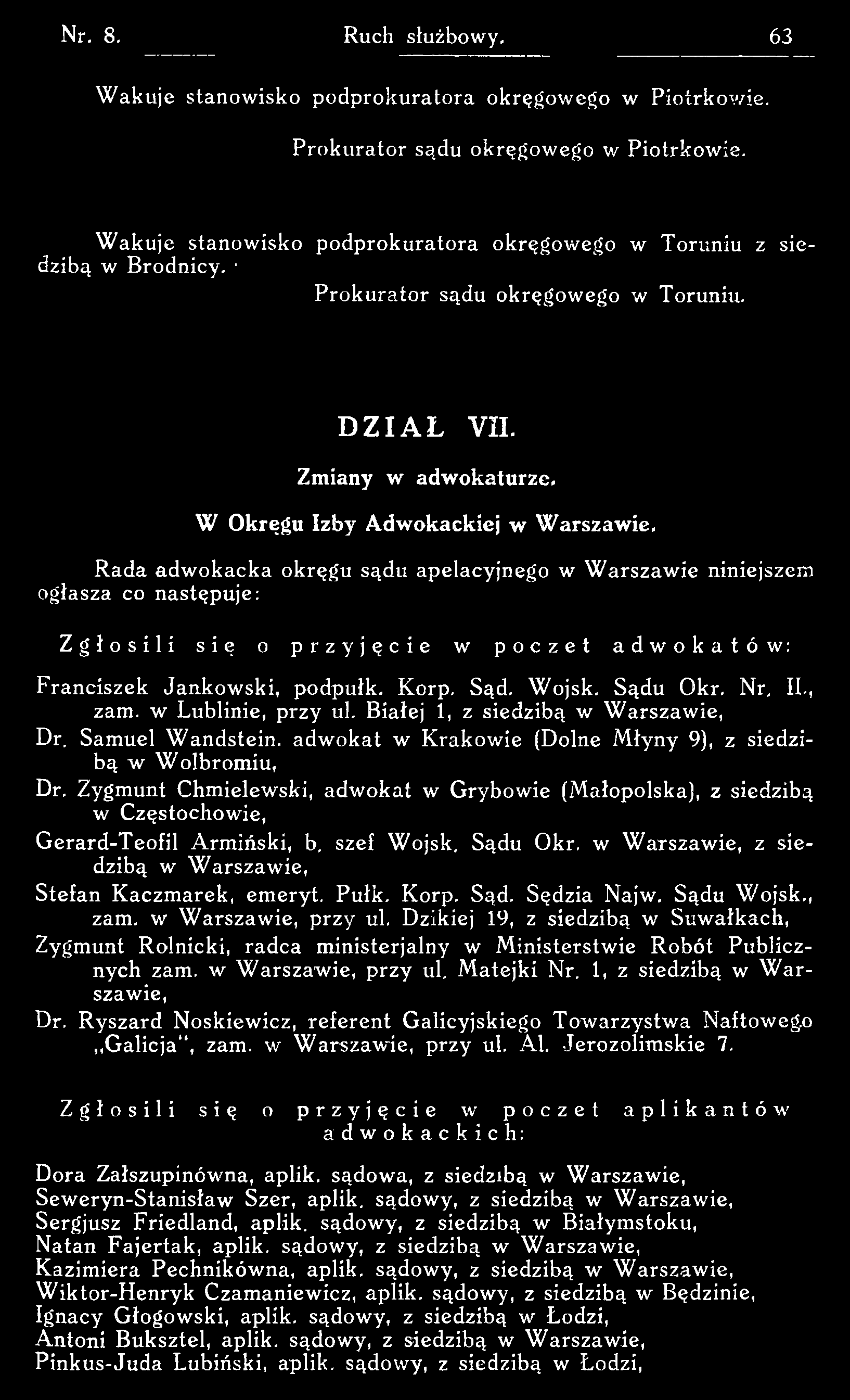 Zygmunt Chmielewski, adwokat w Grybow ie (Małopolska), z siedzibą w Częstochowie, G erard-teofil Armiński, b. szef W ojsk. Sądu Okr. w W arszawie, z siedzibą w W arszawie, Stefan Kaczmarek, emeryt.