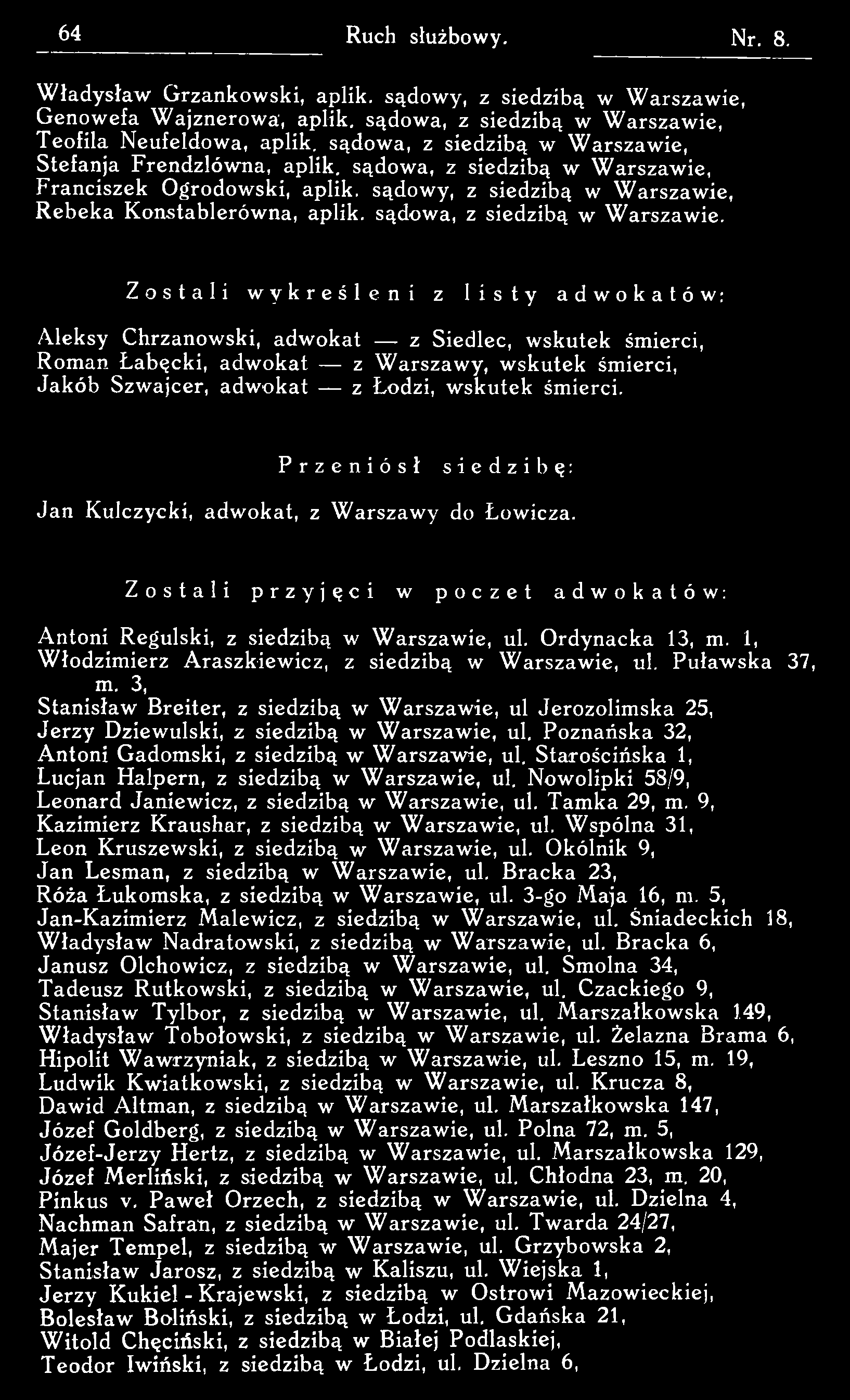 Przeniósł siedzibę: Jan Kulczycki, adwokat, z W arszaw y do Łowicza. Zostali przyjęci w poczet adwokatów: Antoni Regulski, z siedzibą w W arszawie, ul. Ordynacka 13, m.