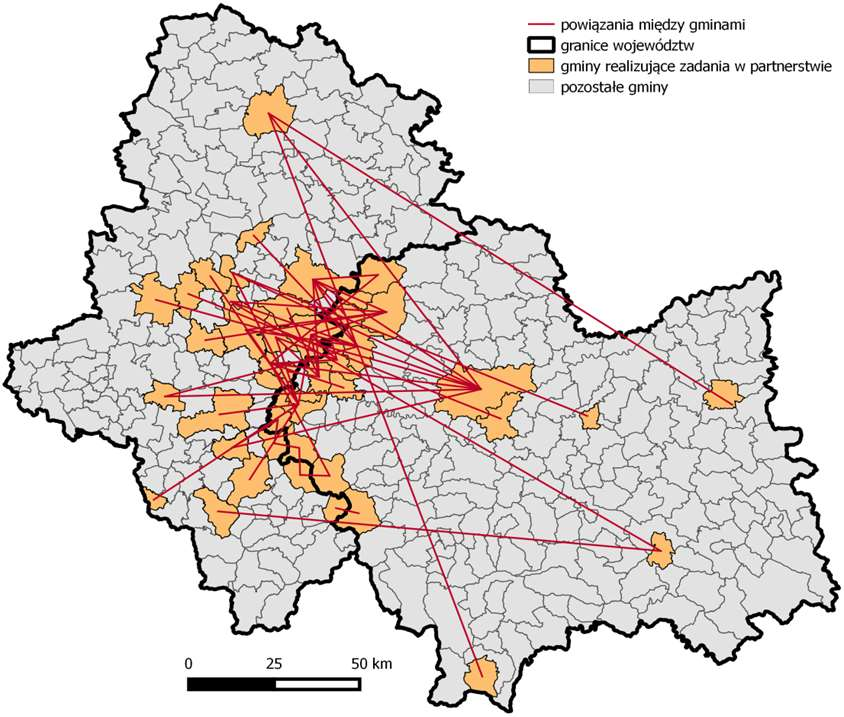 Powiązania między gminami Polski Południowej w zakresie realizowanych zadań W województwie małopolskim 60% jednostek, które wzięły udział w ankiecie, prowadzi lub planuje współpracę z gminami