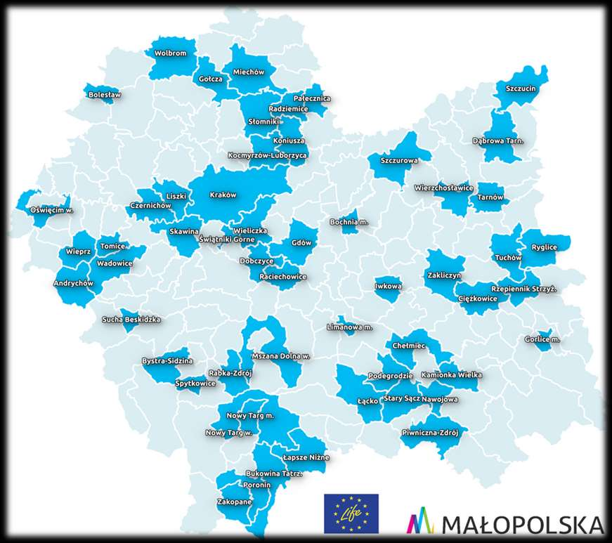 Projekt LIFE Projekt zintegrowany LIFE Wdrażanie Programu ochrony powietrza dla województwa małopolskiego Małopolska w zdrowej atmosferze koordynowany przez Województwo Małopolskie angażuje łącznie