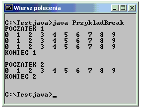 Przykład instrukcja break class PrzykladBreak public static void main(string[] args) System.out.println("POCZATEK 1"); for(int i=0; i<3; i++) for(int j=0; j<100; j++) if (j==10) break; System.out.print(j + " "); System.