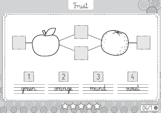 Na etapie sprawdzania poprawności wykonania tego zadania uczeń wskazuje pasującą parę oraz wymawia nazwę owocu wraz z nazwą koloru.