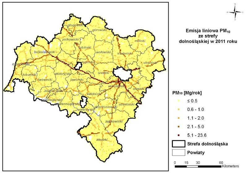 Źródło: Program ochrony powietrza dla województwa dolnośląskiego Rysunek 4 Emisja liniowa PM10 ze