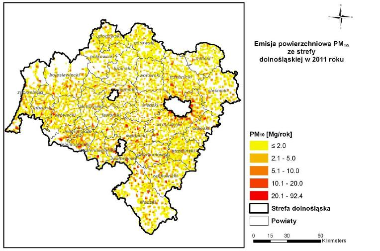 Rysunek 5 Emisja powierzchniowa PM10 ze strefy dolnośląskiej w 2011 roku Źródło: Program ochrony powietrza dla województwa dolnośląskiego Badania i pomiary stanu czystości powietrza na terenie miasta