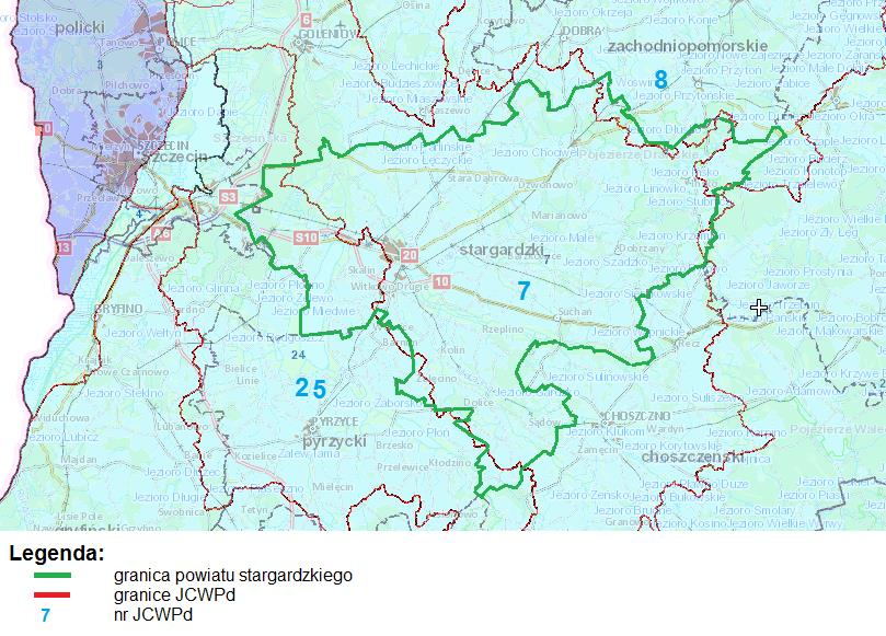 Ryc. 13 Lokalizacja powiatu stargardzkiego względem JCWPd Źródło: Opracowanie własne na podstawie http://epsh.pgi.gov.