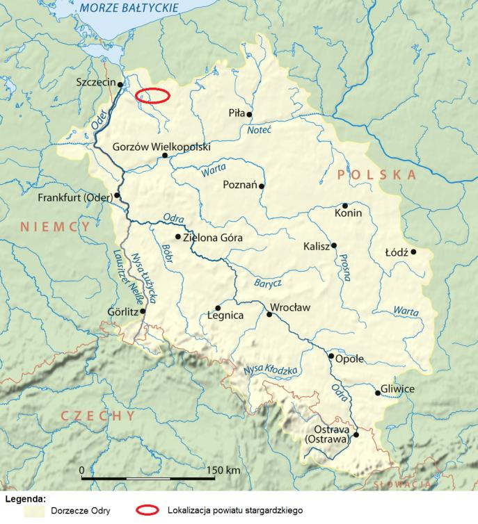 Ryc. 16 Lokalizacja powiatu stargardzkiego na obszarze dorzecza Odry Źródło: Opracowanie własne na podstawie www.wikipedia.