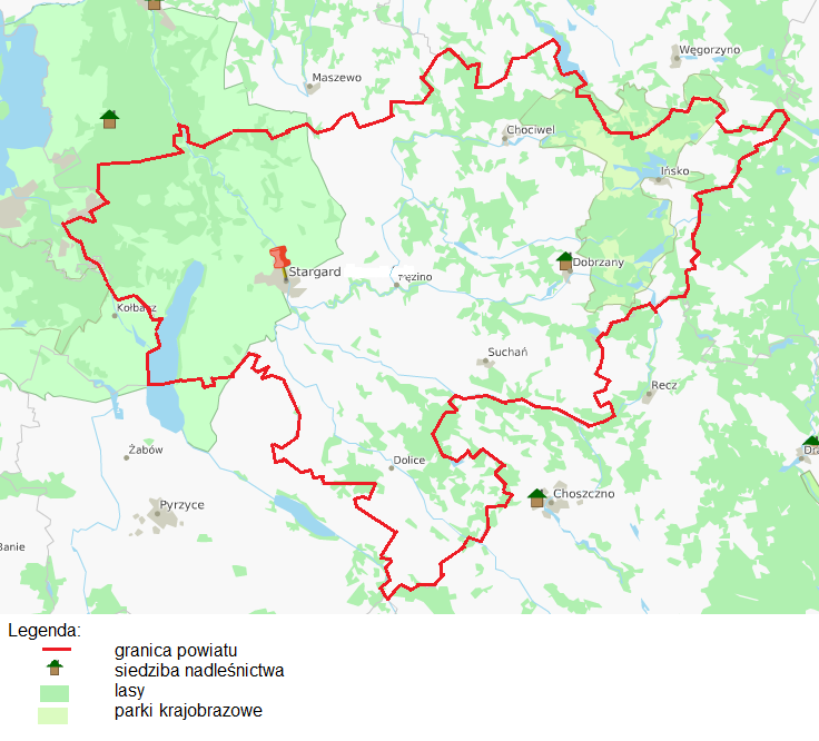 Ryc. 32 Rozmieszczenie przestrzenne lasów w powiecie stargardzkim Źródło: opracowanie własne na podstawie www.lasy.gov.