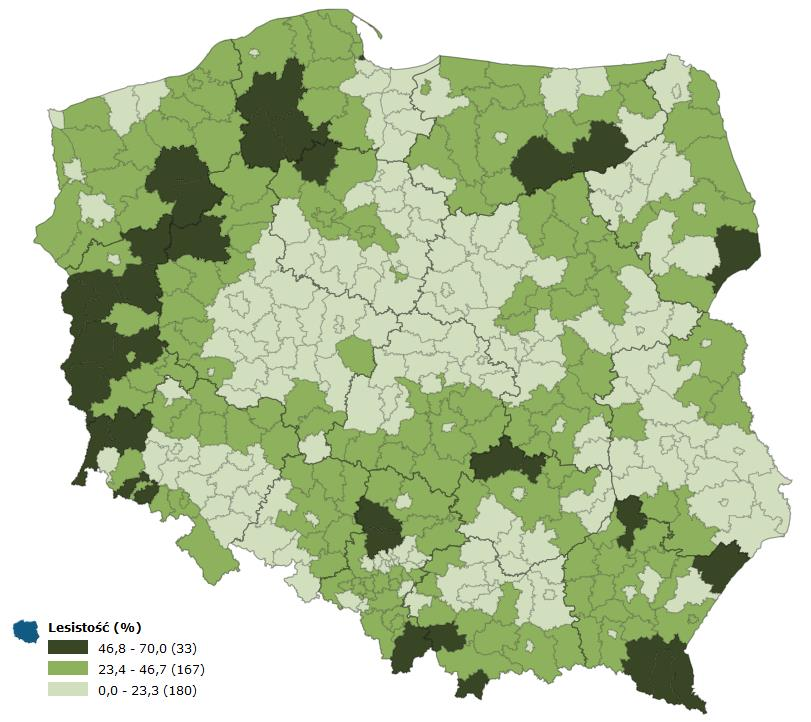 Ryc. 33 Lesistość Polski wg powiatów w 2014 roku. Źródło: http://swaid.stat.gov.pl/atlasregionow/atlasregionowmapa.