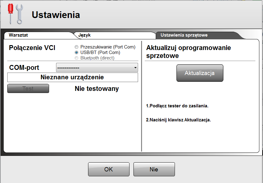 Menu Ustawienia Ustawienia sprzętowe Aktualizowanie oprogramowania w testerze Dodawanie