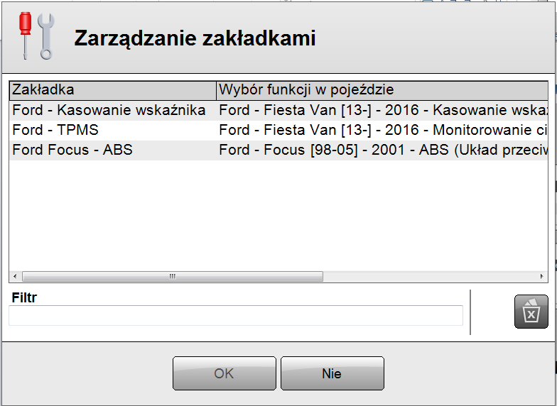 Wybór zakładki z listy