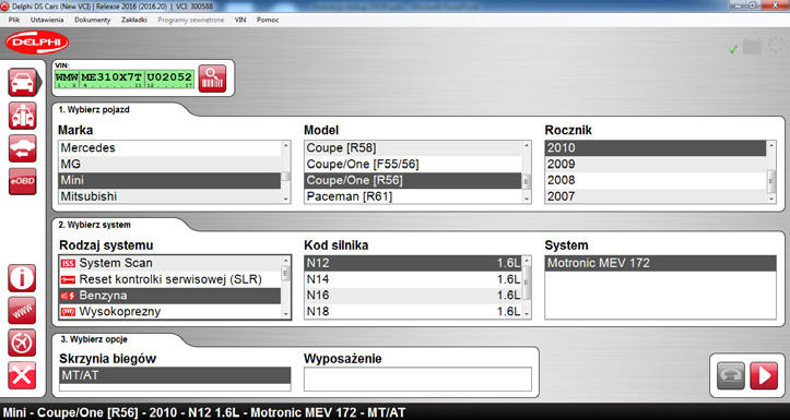 Diagnostyka OBD wybór pojazdu opcja VIN
