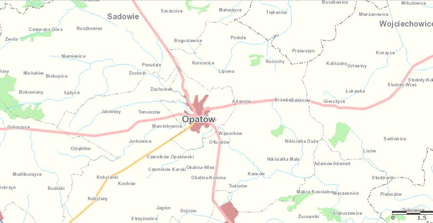 Zagrożenie powodziowe Miasto Opatów nie leży na terenach zalewowych o czym świadczy poniższa mapa. Mapa 7 Zagrożenie powodziowe na terenie Miasta Opatów Źródło: http://mapy.isok.gov.