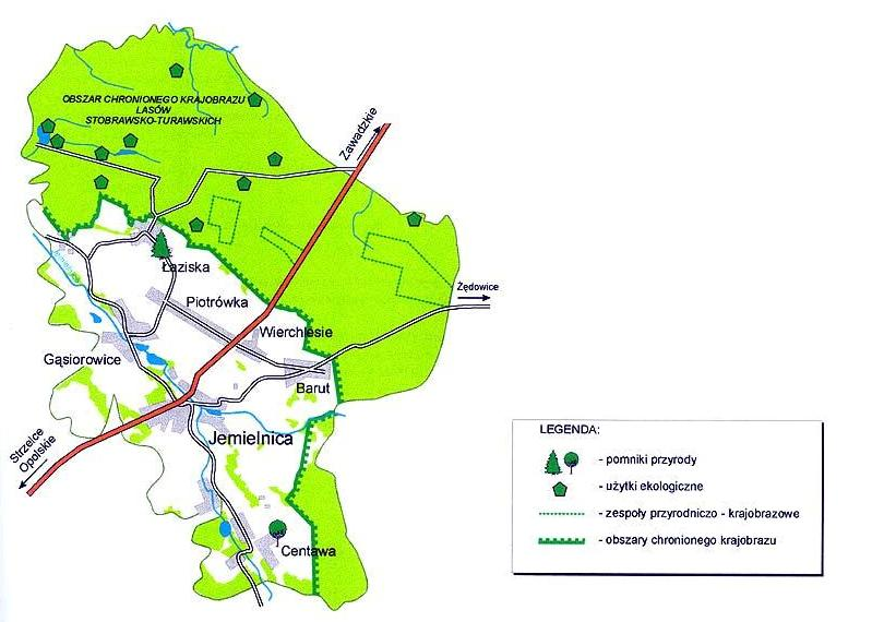 Rysunek 1 Plan sytuacyjny Gminy Jemielnica 12 Ukształtowanie terenu 13 Zgodnie z podziałem fizyczno-geograficznym Polski wg prof. J. Kondrackiego obszar Gminy Jemielnica wchodzi w skład mezoregionu Równiny Opolskiej należącego do makroregionu Niziny Śląskiej.