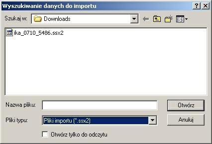Import danych z OW 3. 4. Zaznaczamy plik i wybieramy Otwórz. Wybrany plik podpowiada się w oknie importu.