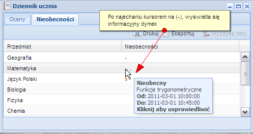 Rys.5 Panel opiekuna dzienniczek ucznia Nieobecności Historia ucznia W tym module Opiekun może zapoznać się