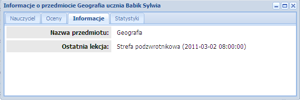 Rys.9 Panel opiekuna przedmioty Informacje Statystyki zawiera informacje na temat frekwencji podopiecznego z danego przedmiotu, w