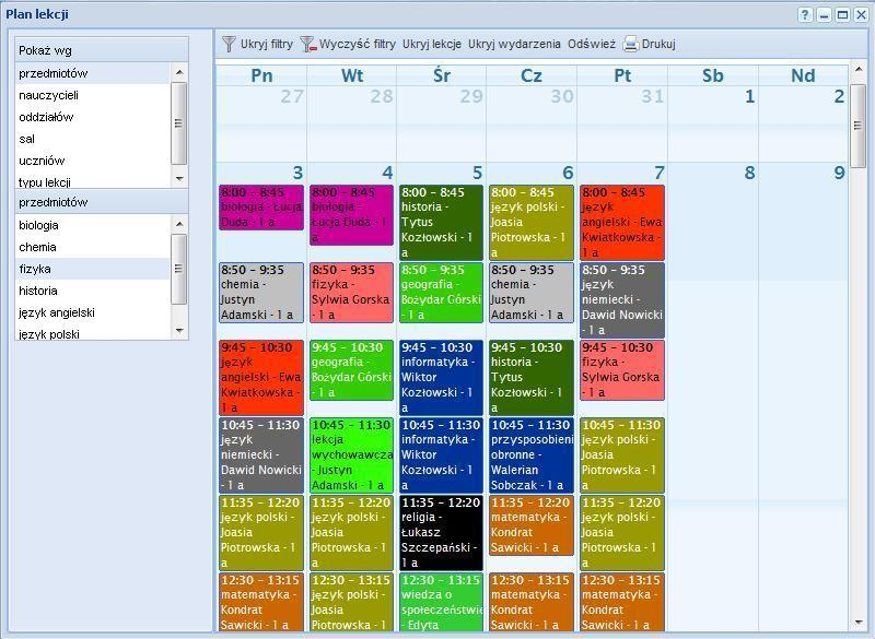 Rys.11 Panel opiekuna Plan lekcji Za pomocą przycisków Ukryj lekcje/pokaż lekcje oraz Ukryj wydarzenia/pokaż wydarzenia umieszczonych na pasku narzędzi można zmieniać widoczność tych elementów.