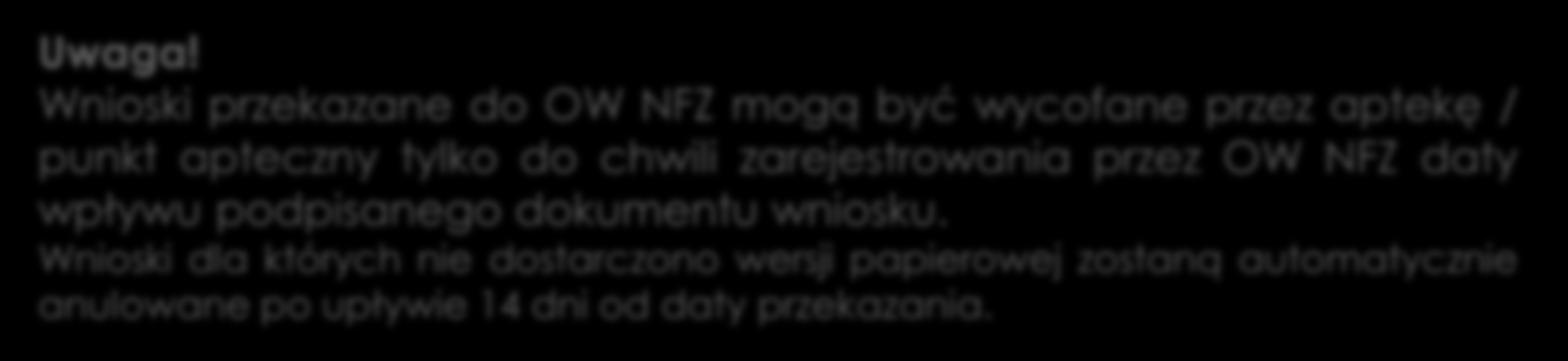 Wnioski przekazane do OW NFZ mogą być wycofane przez aptekę / punkt apteczny tylko do chwili zarejestrowania przez OW NFZ daty wpływu podpisanego