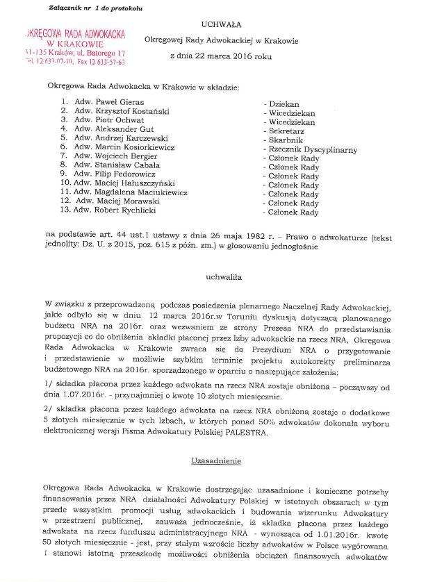 4 kwietnia 2016 (nr 6/2016) Aktualności Relacje - Zapowiedzi ORA w Krakowie jednogłośnie za obniżeniem składki na NRA Wychodząc naprzeciw oczekiwaniom adwokatów, a jednocześnie widząc
