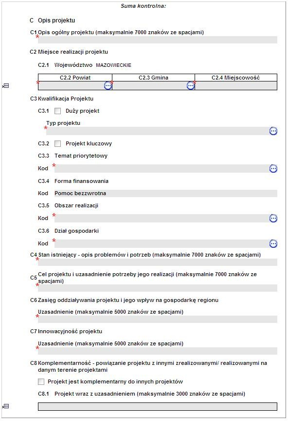 2.3 Opis projektu Rysunek 5 Opis projektu. Użytkownik uzupełniania wszystkie pola biorąc pod uwagę ograniczenia w długości tekstu w polach C1, C6 i C7.