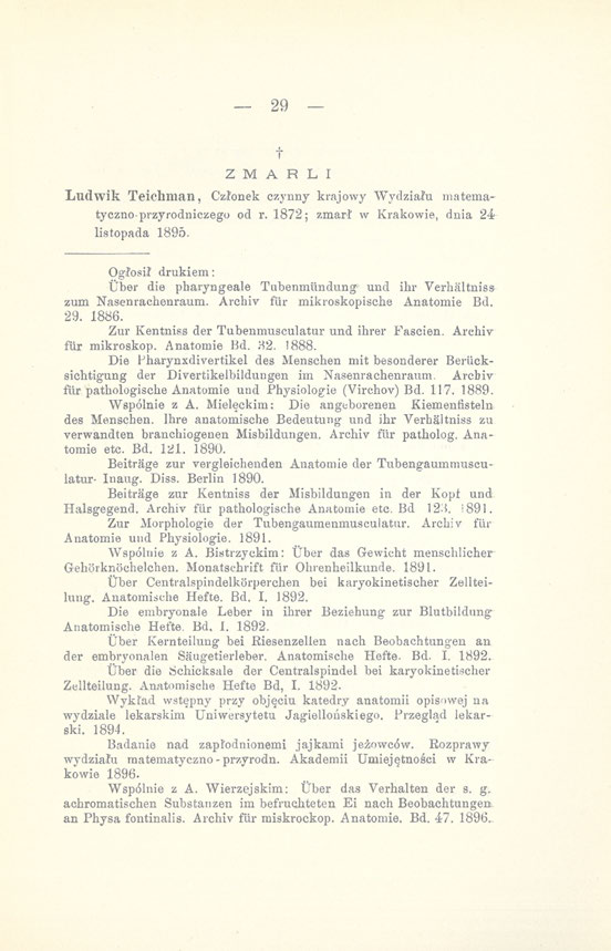 29 Z M A R L I Ludwik Teichman, Członek czynny krajowy Wydziału matematyczno-przyrodniczego od r. 1872; zmarł w Krakowie, dnia 24 listopada 1895.