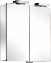 ELEGANCE Szafka lustrzana 1 obrotowe drzwi otwierane z lewej lub prawej strony oświetlenie: lampa halogenowa (2 x 20 W) korpus: aluminium, srebrny anodowany olustrowana tylna