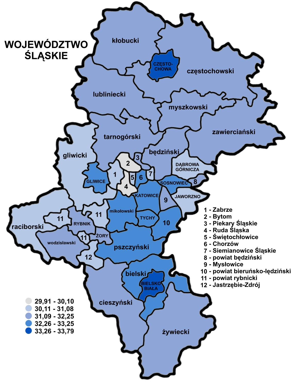 3.3. Wyniki części humanistycznej egzaminu w powiatach Zamieszczona mapa konturowa województwa śląskiego (zob. mapa 1.