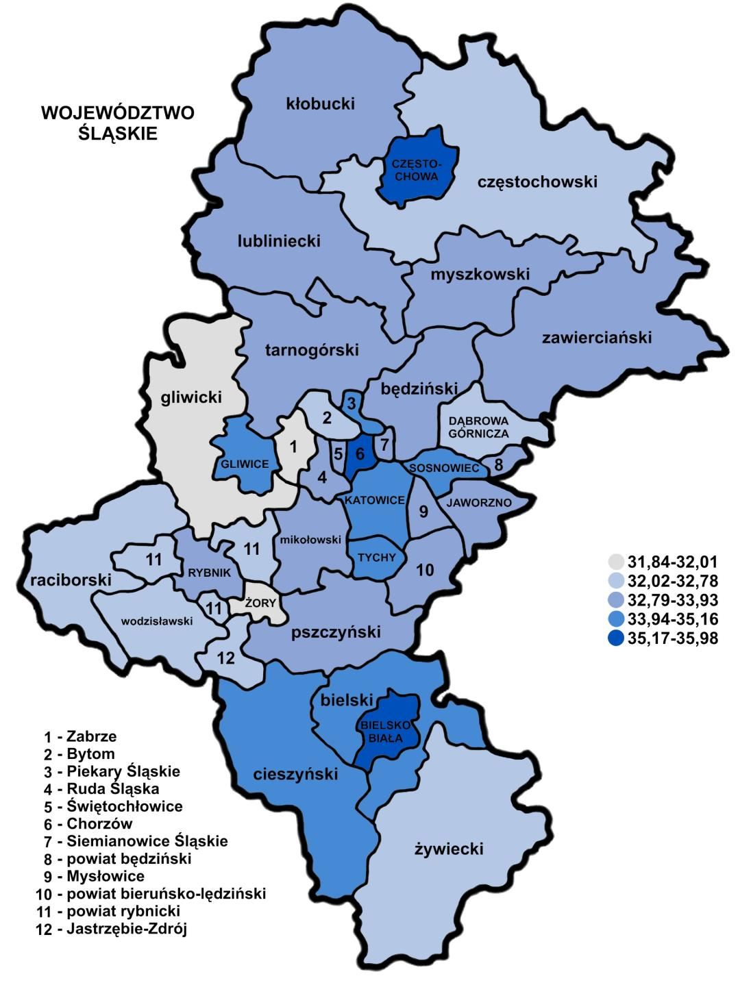 3.3. Wyniki części humanistycznej egzaminu w powiatach Zamieszczona poniżej mapa konturowa województwa śląskiego pokazuje terytorialne zróżnicowanie wyników egzaminu gimnazjalnego w części