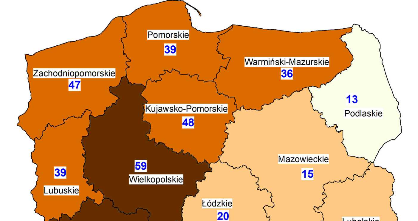 Średnie zużycie nawozów wapniowych w województwach w 2013 r.