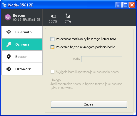 Po wybraniu zakładki Ochrona pojawi się następujące okienko: W polach: Połączenie tylko z tego komputera: możemy zabezpieczyć się przed połączeniem się z inode Beacon z innego komputera lub smartfona