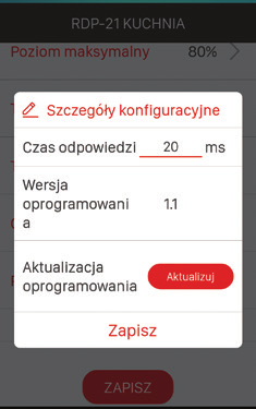 W celu aktualizacji konieczne jest podłączenie kontrolera EXTA LIFE do sieci internet. Aktualna wersja oprogramowania odbiornika RDP-21 wskazywana jest w zakładce Szczegóły konfiguracyjne.